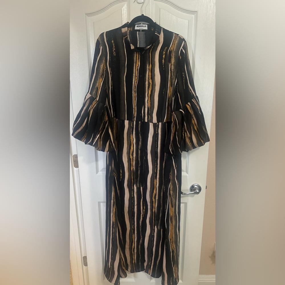 NWOT Women’s REBDOLLS Imelda Stripe Maxi Puff‎ Sleeves Button Dress US 10/12.